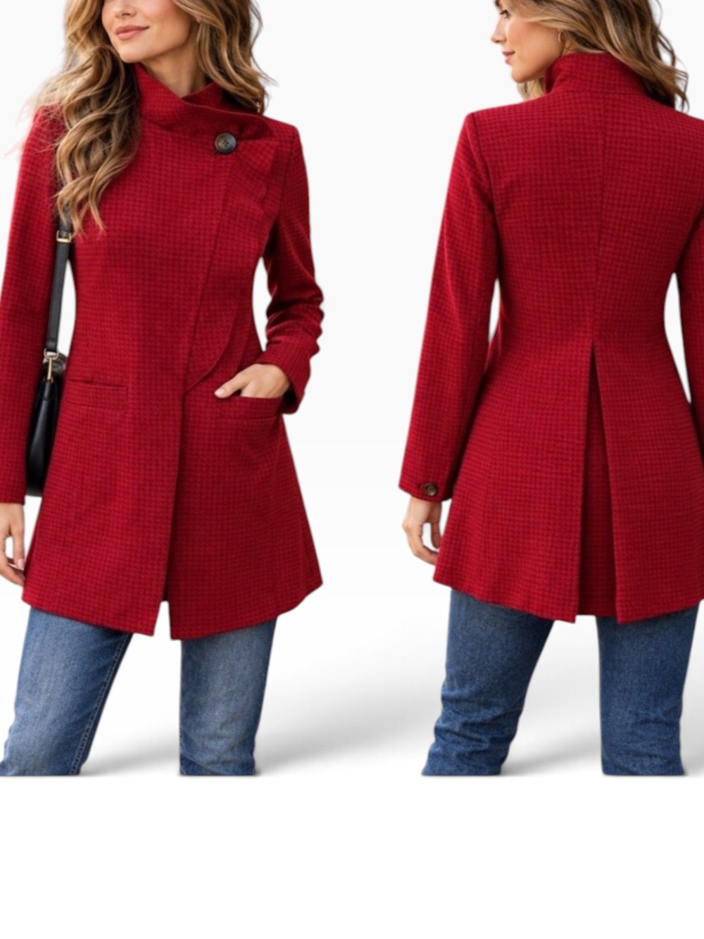 CAbi Red/Pink Houndstooth Ponte Knit Ruffle Front "Celebration" Jacket #3546 XS